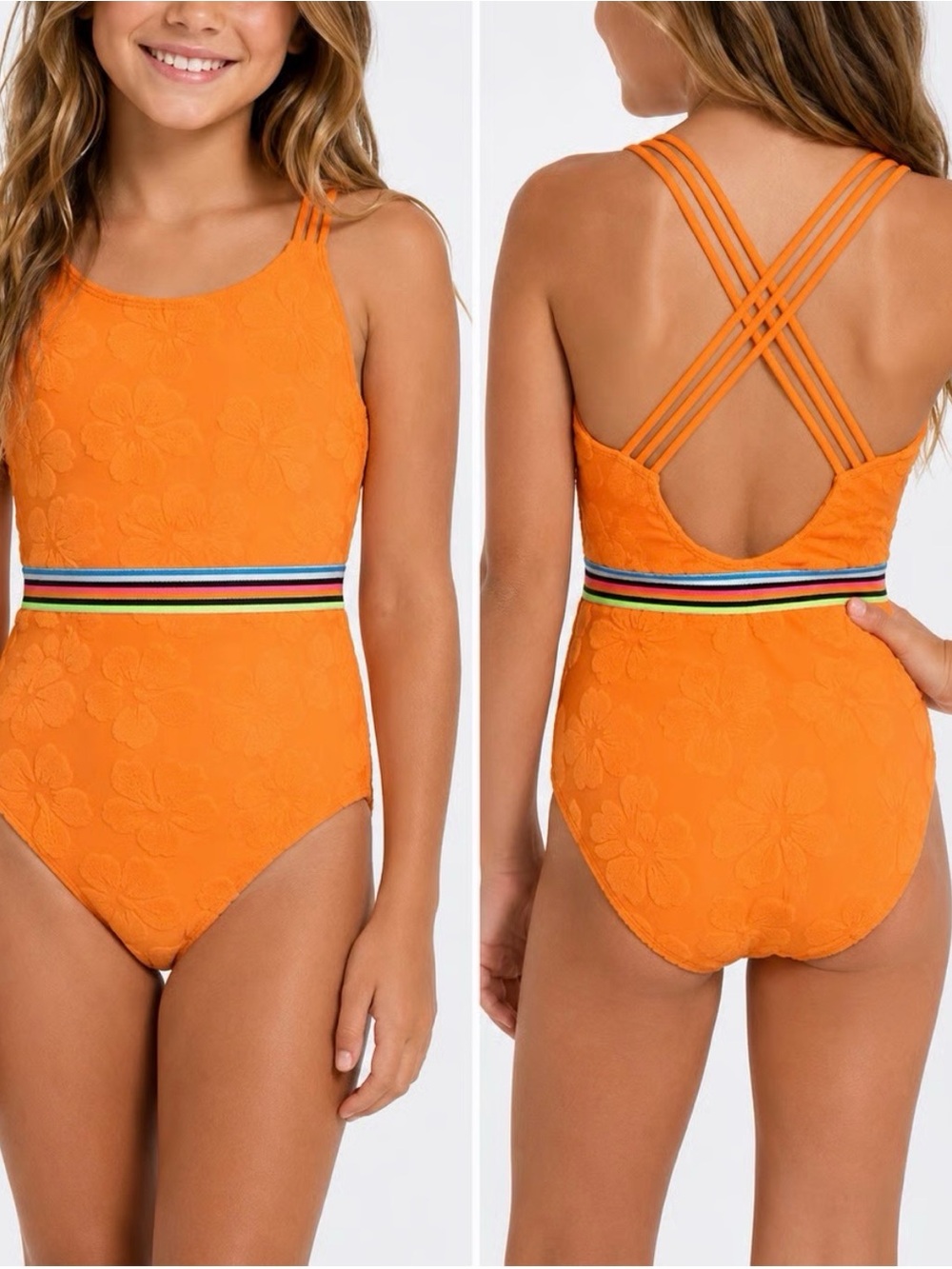 Hobie Orange One-Piece Swimsuit with Striped Waistband terry tropical floral 12